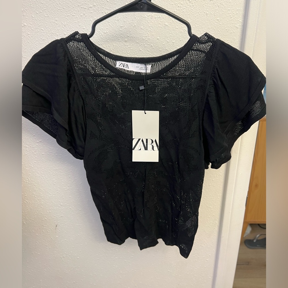 Zara ruffed sleeve pointelle knit top